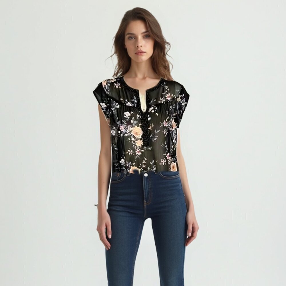 DR2 Floral Black Sheer Women's Top M